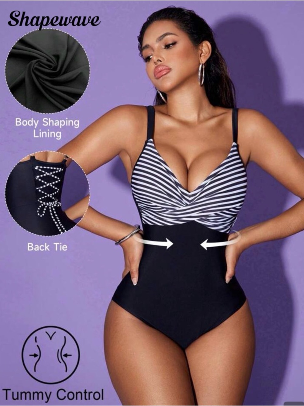 Women's Black & White Striped Tummy Control One-Piece Swimsuit